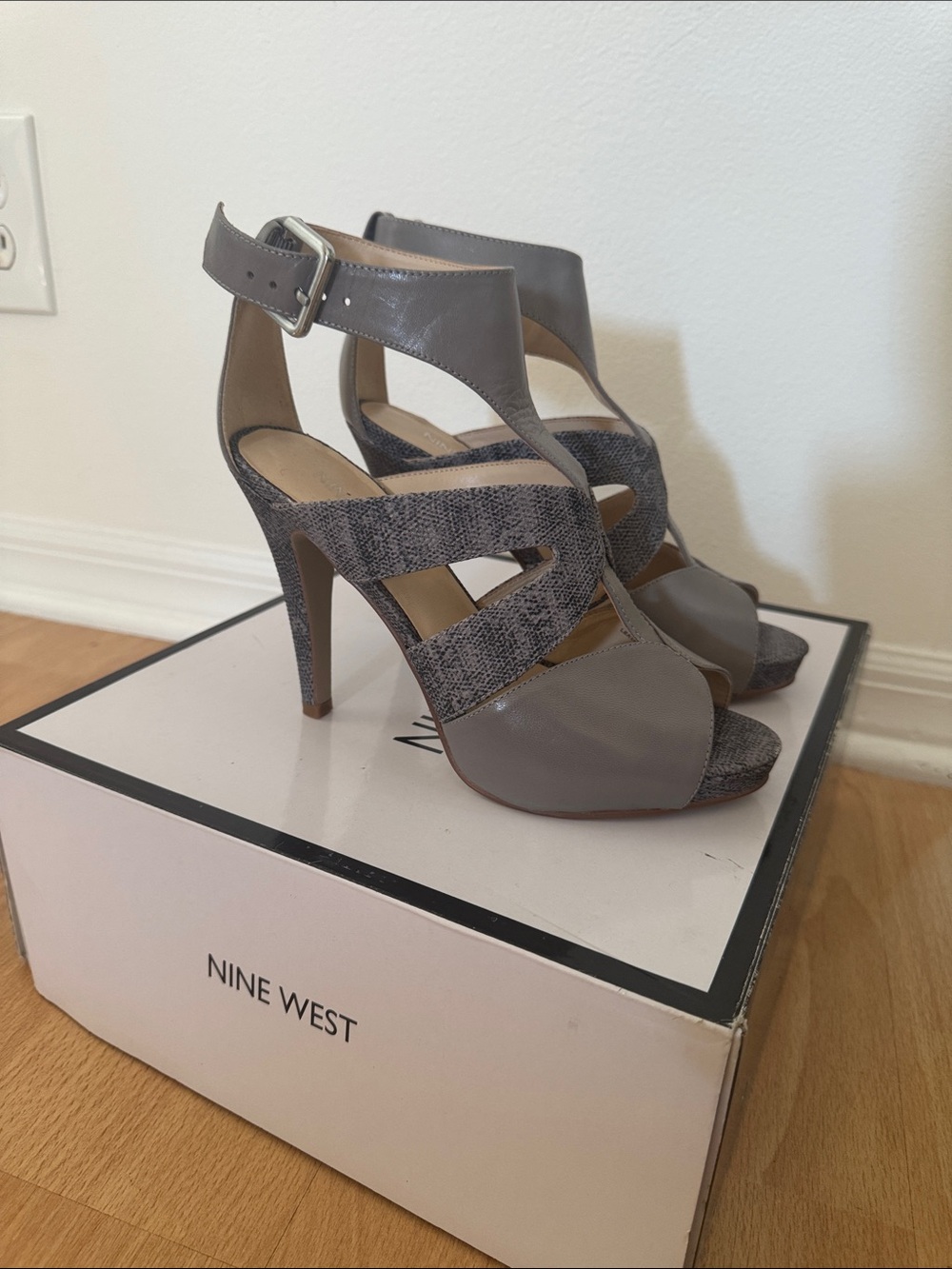 Nine West Gray Open-Toe Strappy Stilettos